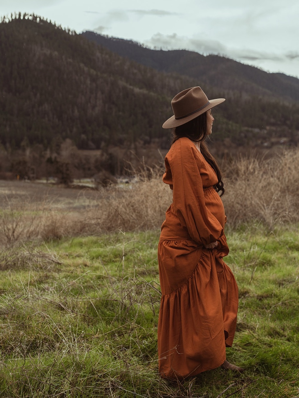 Rust Maxi Dress with Balloon Sleeves